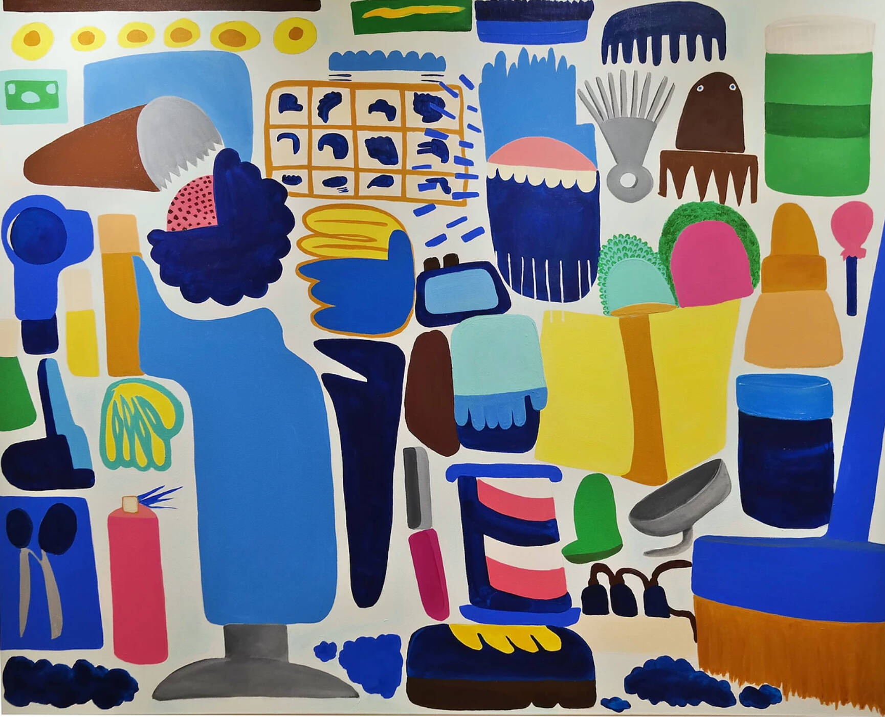Colorful painting of simple shapes that create a barbershop scene.